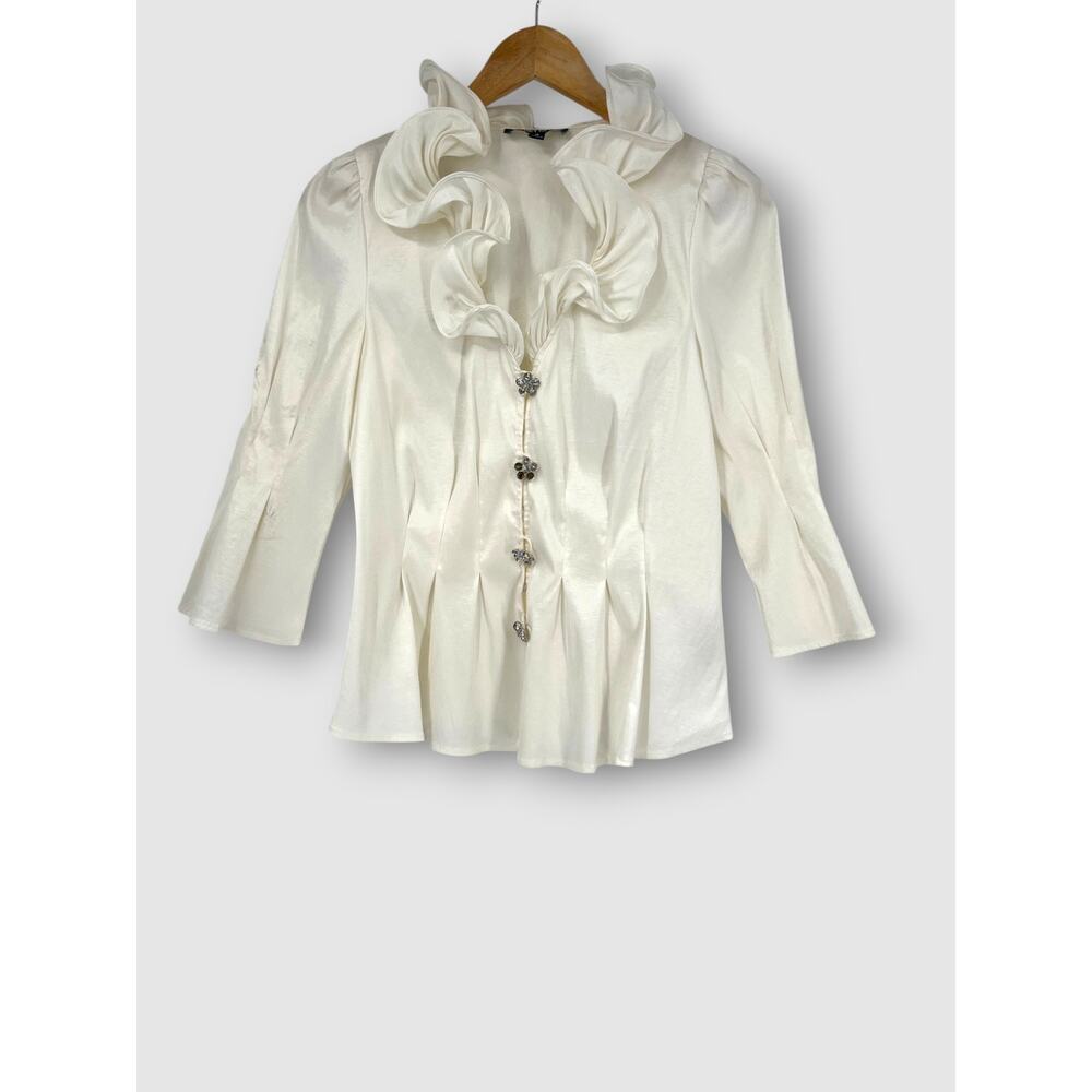 Y2k Vintage Chetta B Coquette Ivory Satin Ruffle Collar Blouse Jewel Buttons 10